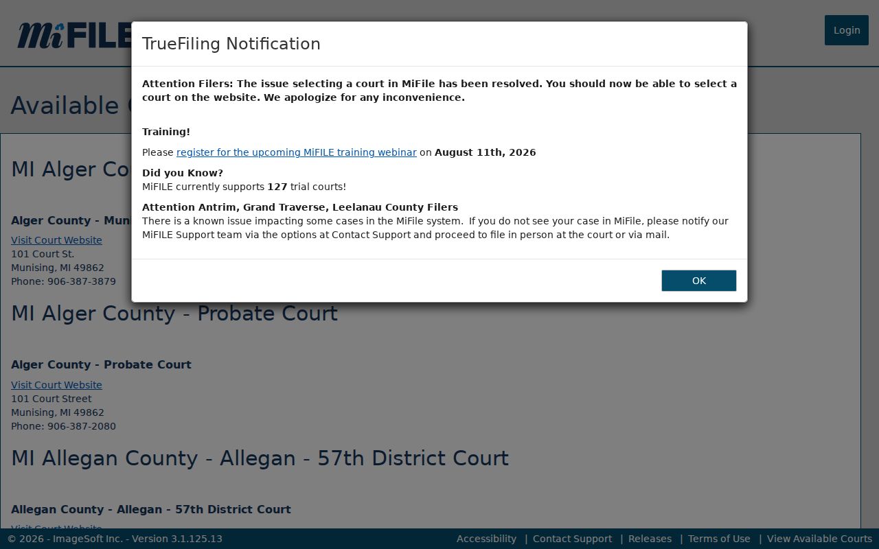 Allegan County civil court records MiFILE available-courts screen
