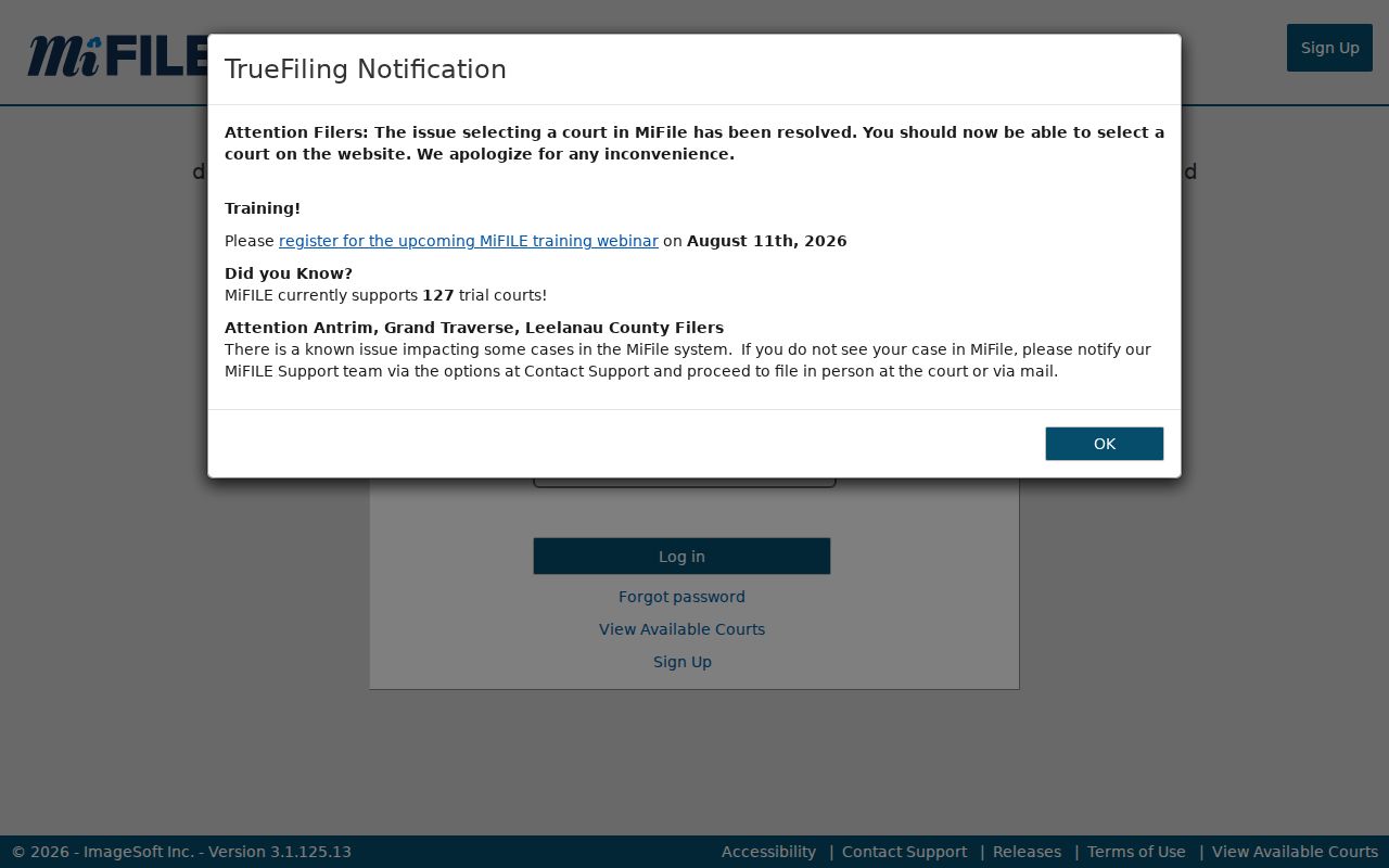 Allegan County case lookup MiFILE login screen for court records filing